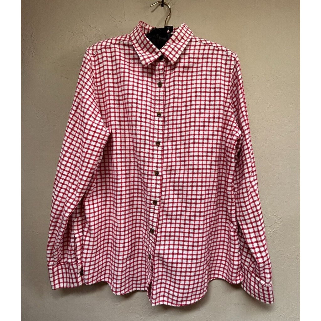 Lands' End Women's Button Front Shirt Top Size 12 Check White Red Long Sleeve
